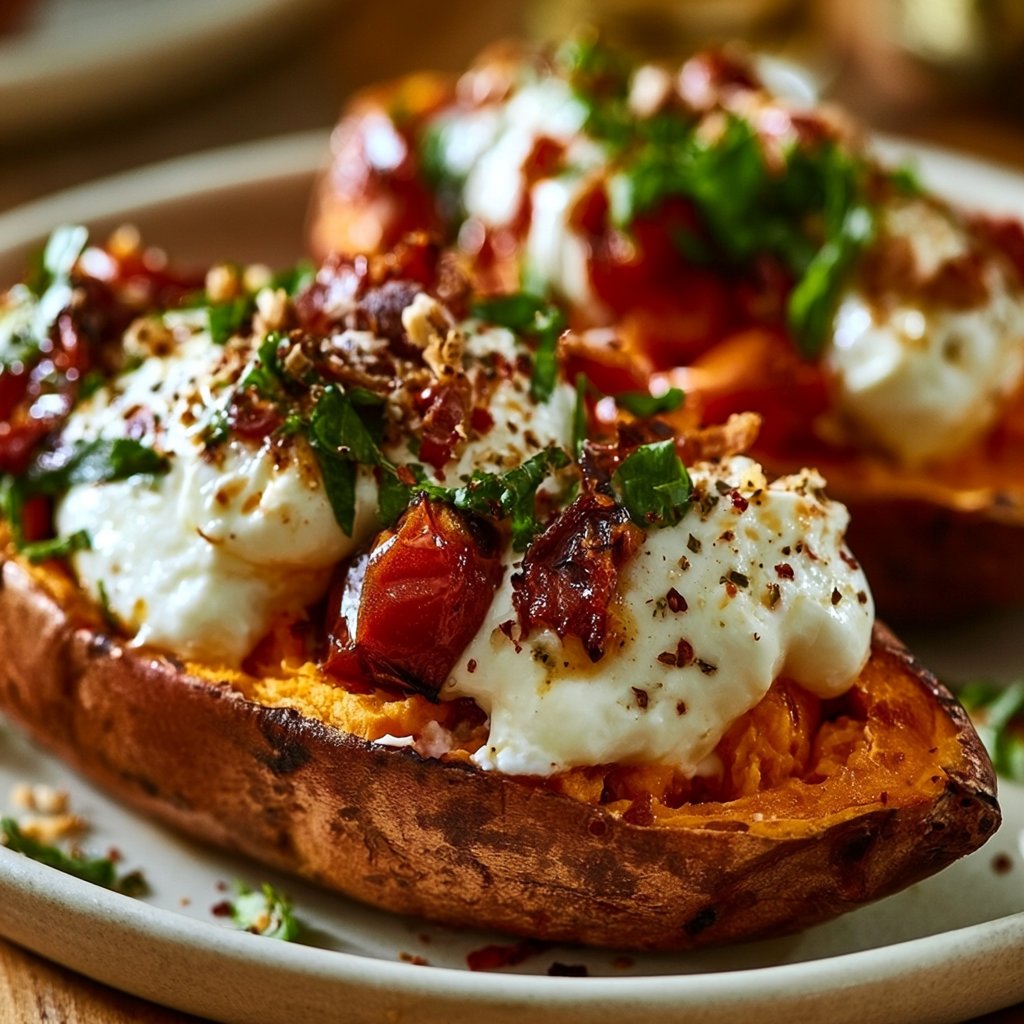 Gefüllte Süßkartoffeln mit Burrata