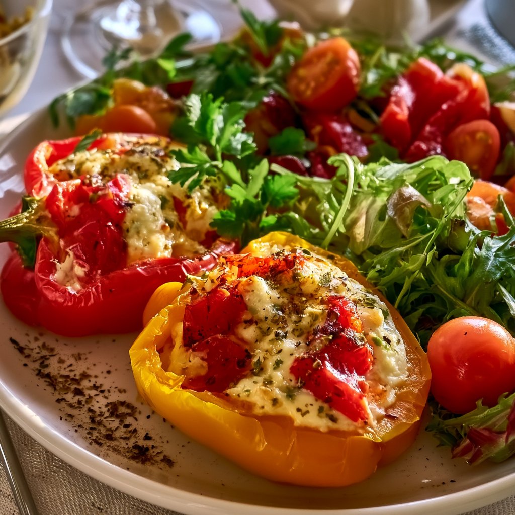 Gefüllte Feta-Paprika mit buntem Salat