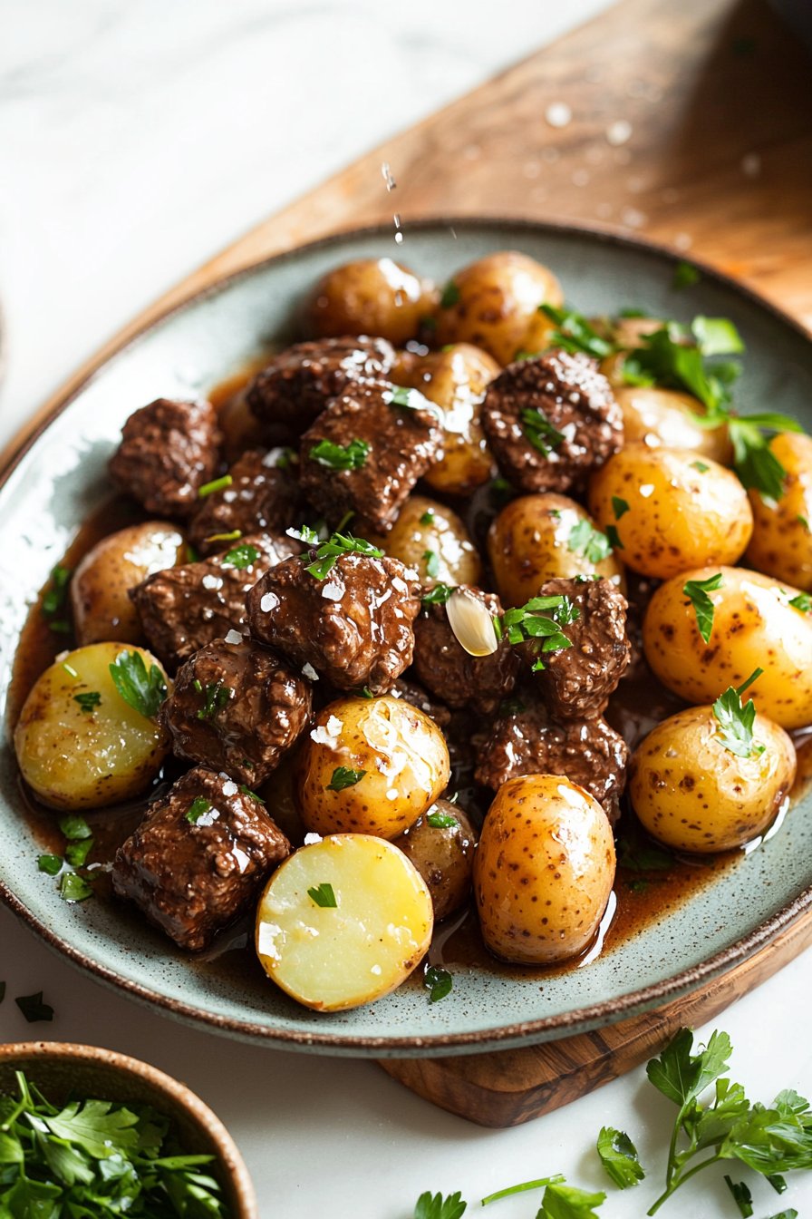 Slow Cooker Garlic Butter Beef Bites with Potatoes