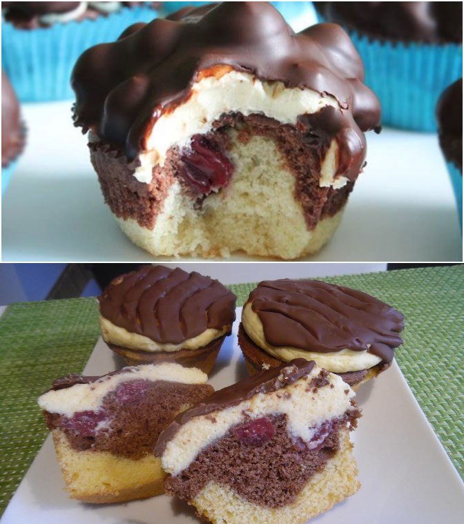 Muffins mit Sauer-Kirschen und Vanillepudding
