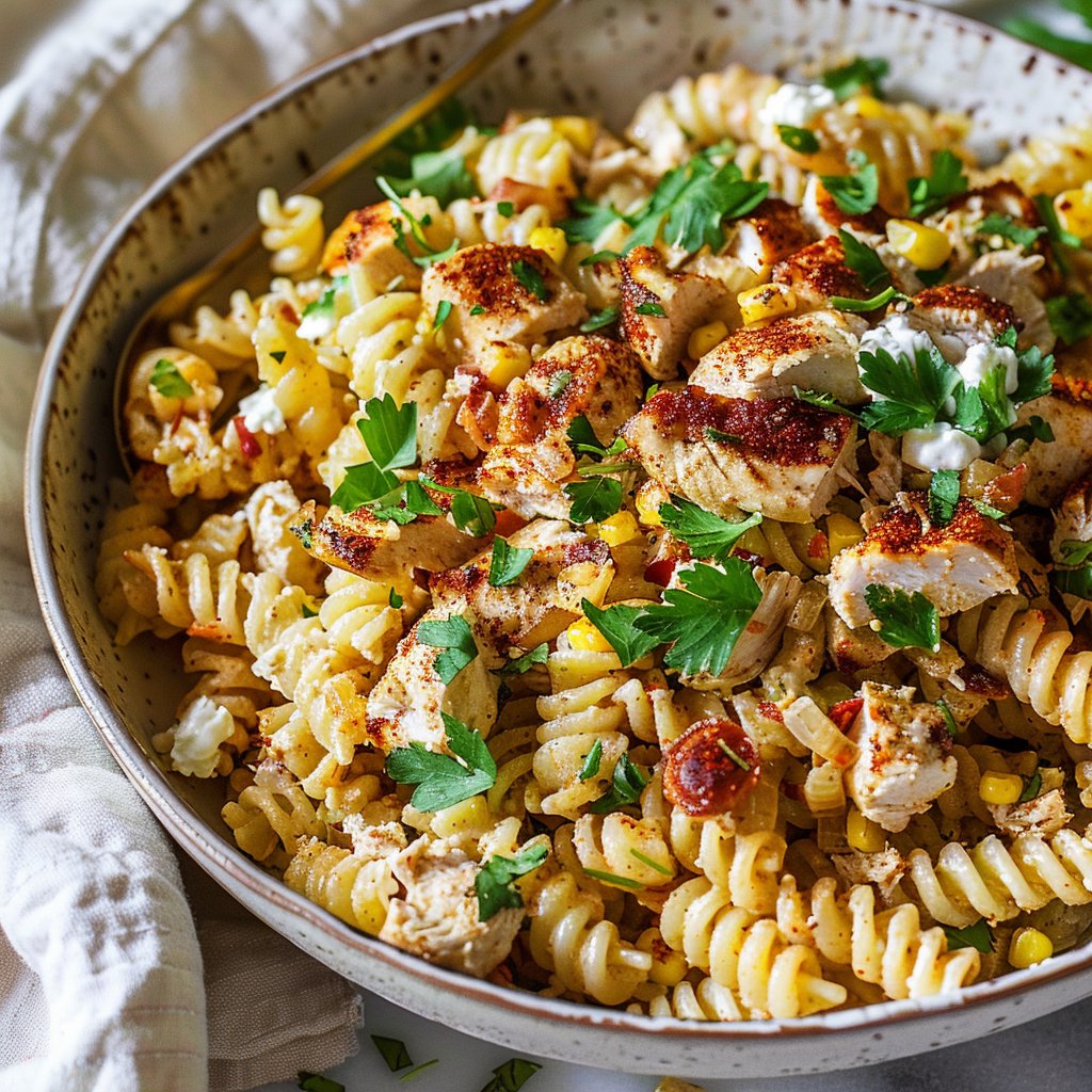 Quick Elote Inspired Pasta Salad with Chicken