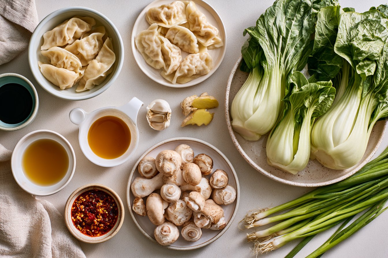 Potsticker Soup with Mushrooms and Bok Choy