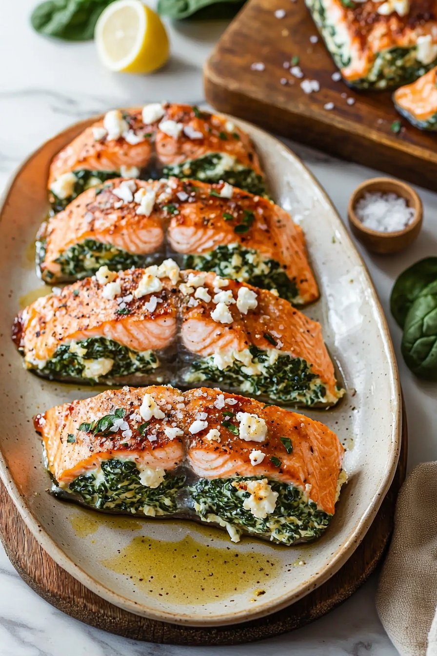 Baked Stuffed Salmon with Spinach and Feta
