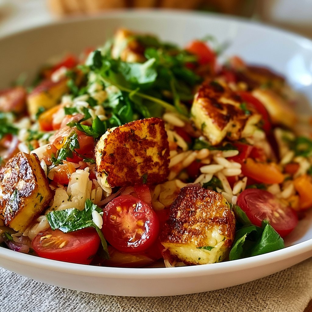 Kritharaki-Salat mit Halloumi-Croutons