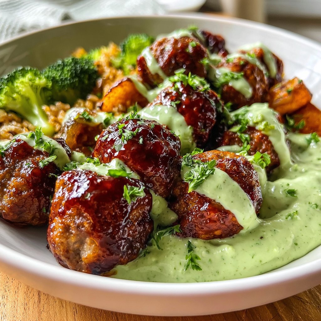 Barbecue Meatball Bowls with Avocado Goddess Sauce 2 Barbecue Meatball Bowls with Avocado Goddess Sauce