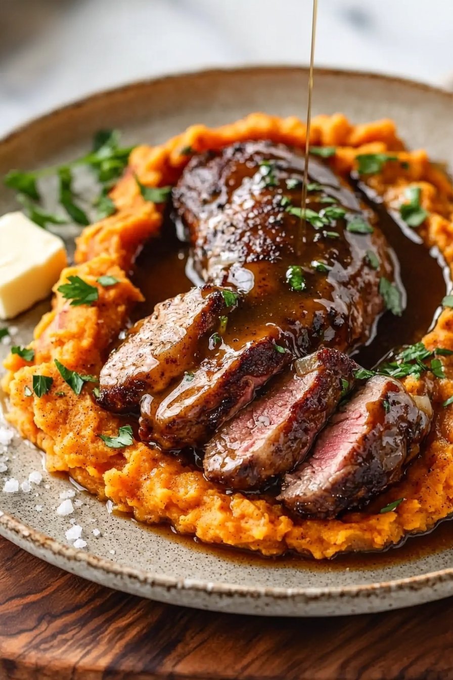 Pork Tenderloin with Apple Cider Glaze and Sweet Potato Mash