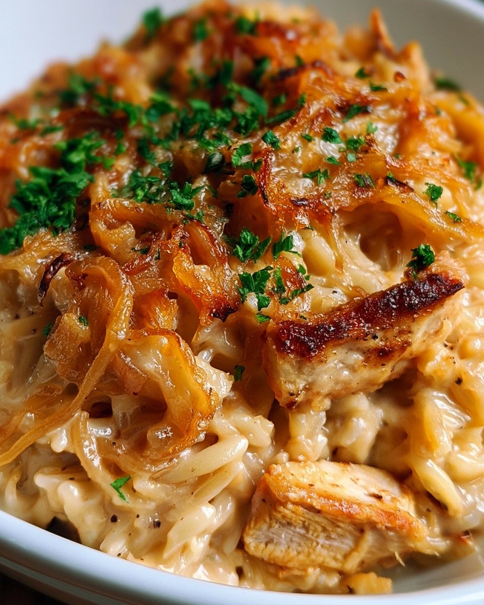 French Onion Chicken Orzo Casserole