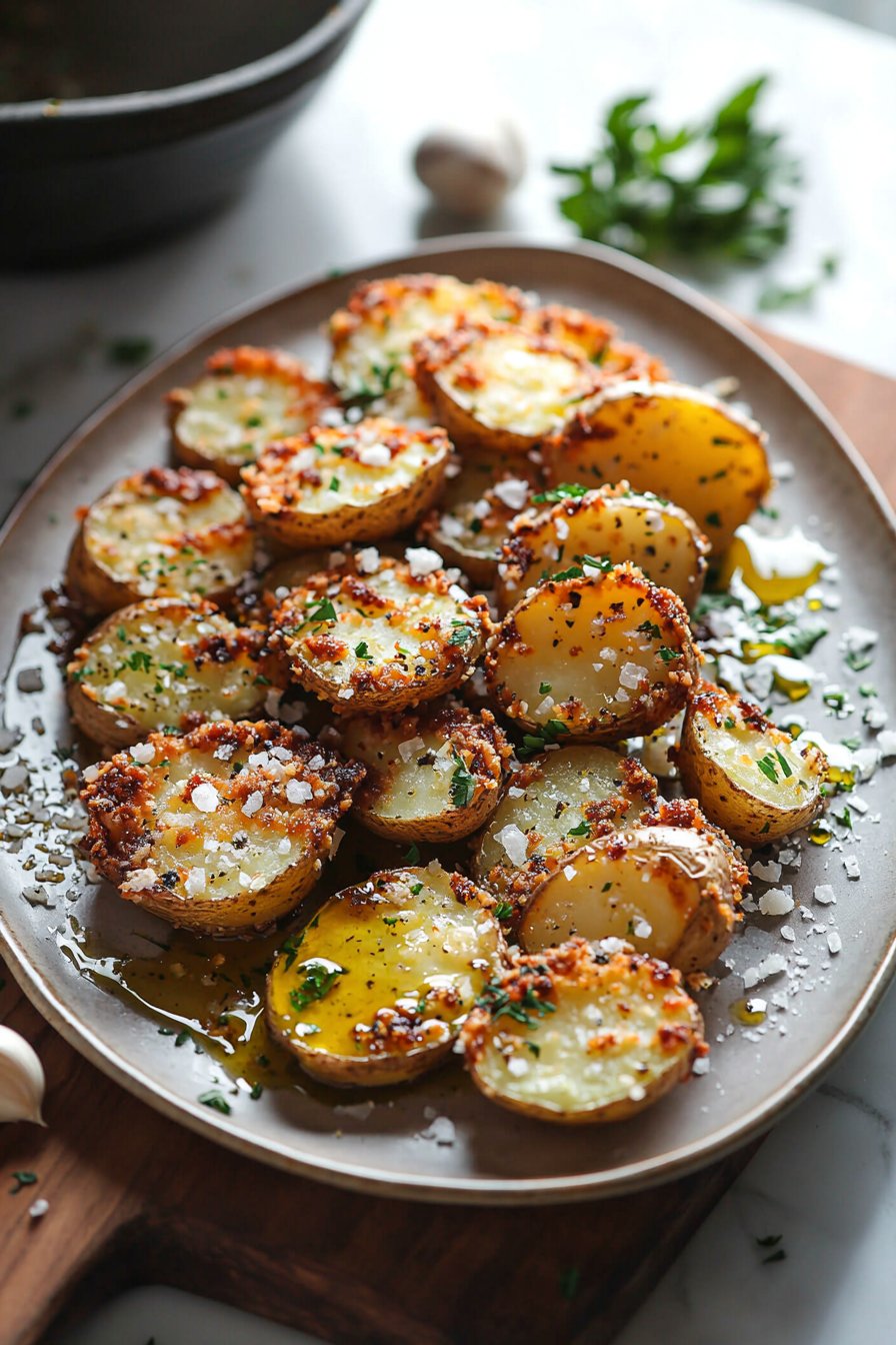 Crispy Garlic Parmesan Crusted Potatoes