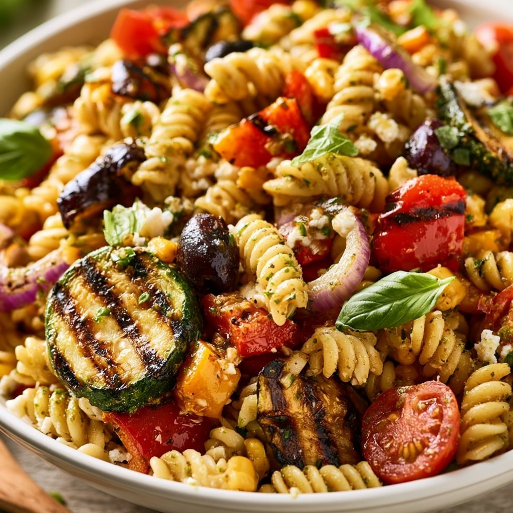 Mediterranean pasta salad with grilled vegetables