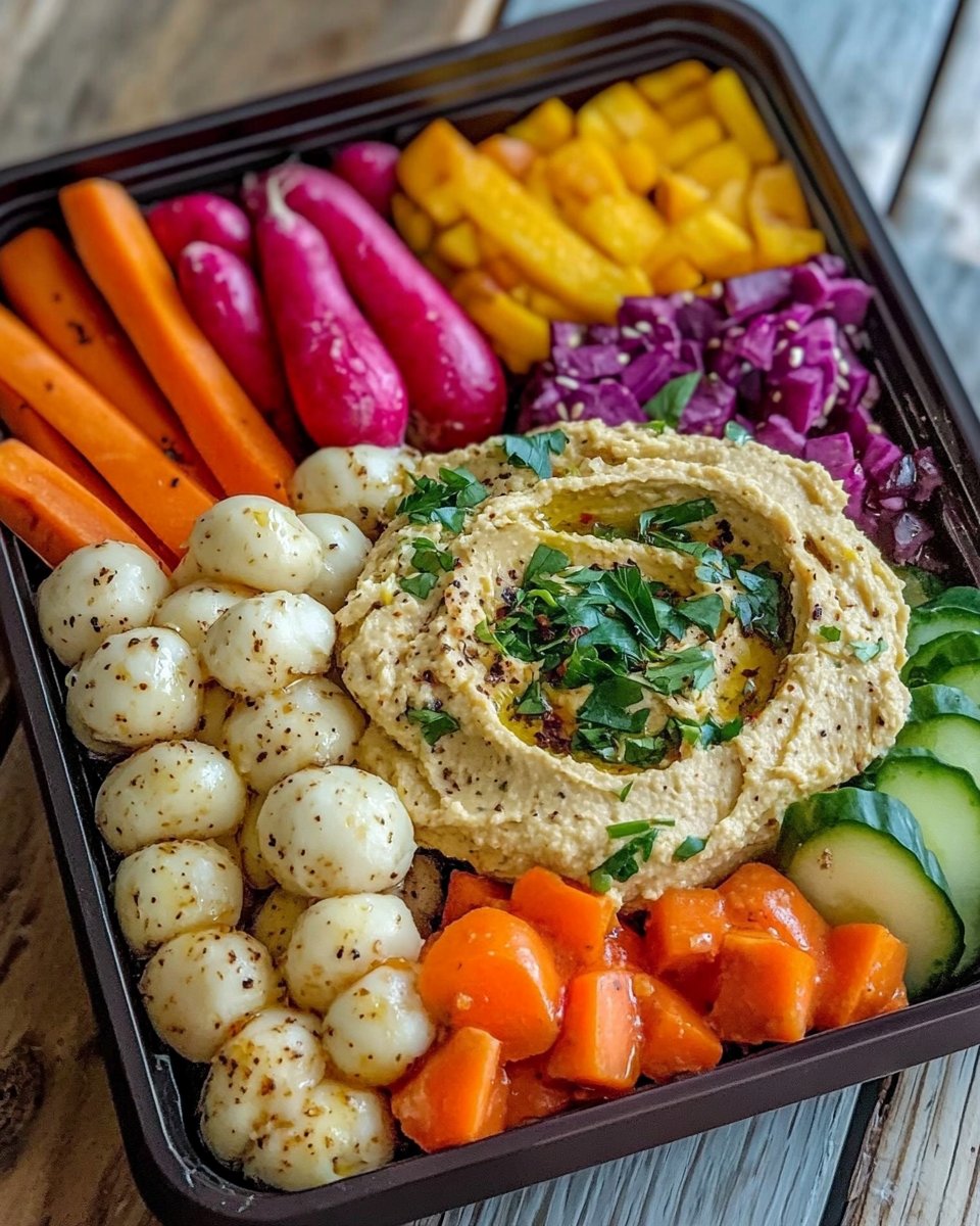 Easy Rainbow Veggie Bento Box with Hummus