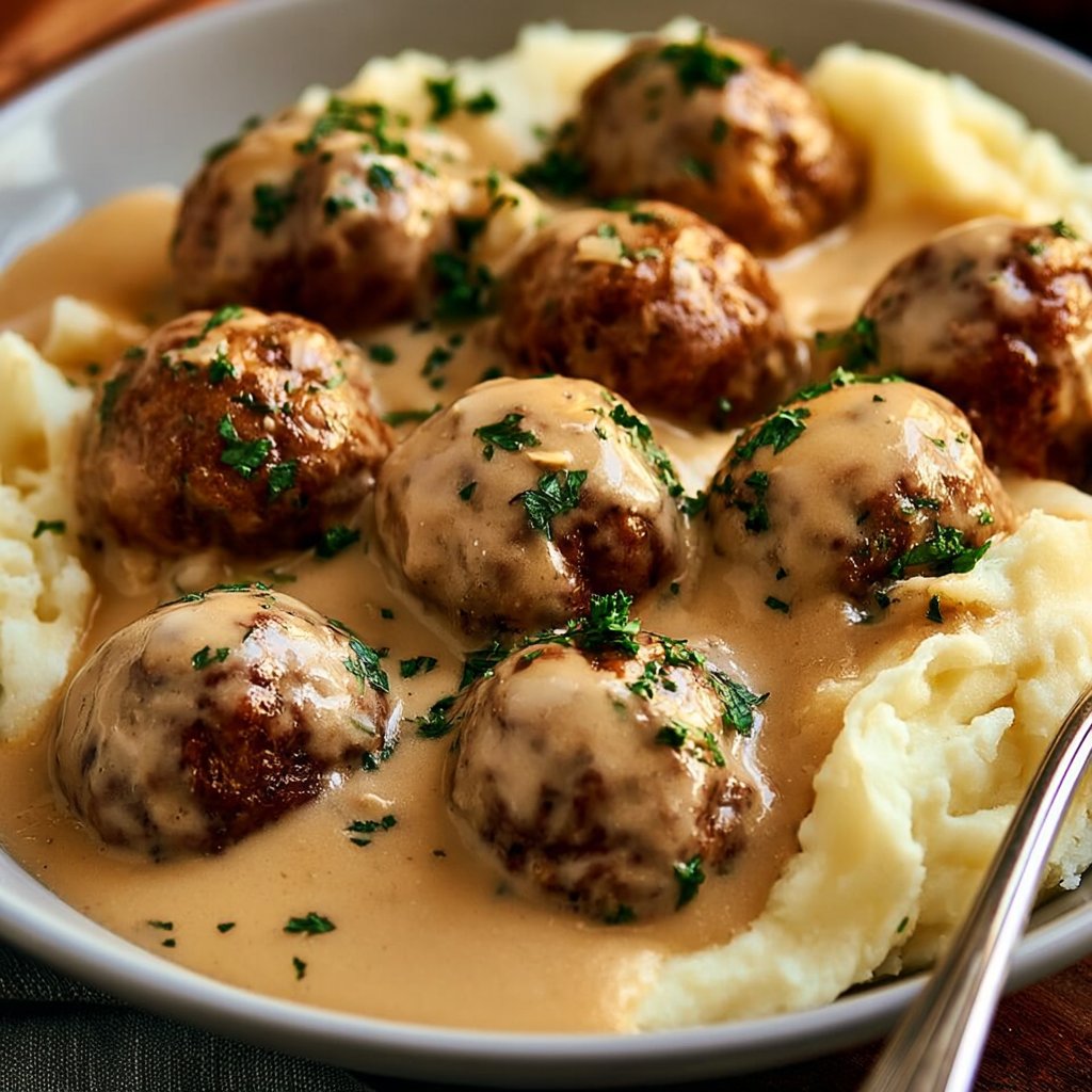 Unwiderstehliche Hackbällchen in cremiger Sauce mit Kartoffelpüree