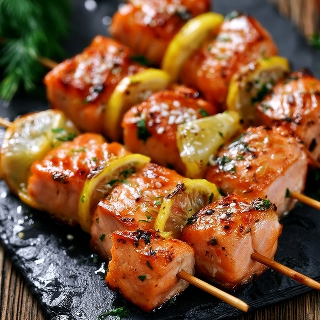 Aromatische Lachsspieße mit Zitrone