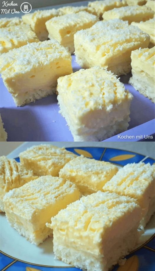 Blitz Kokosnusskuchen mit Vanillepudding