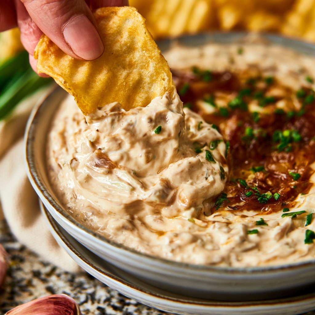 Caramelized French Onion Dip with Wavy Potato Chips