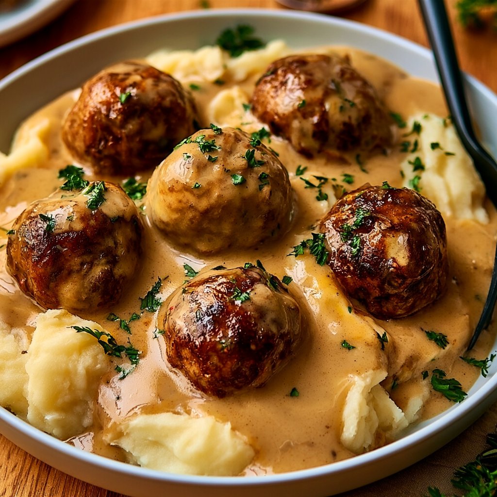 Unwiderstehliche Hackbällchen in cremiger Sauce mit Kartoffelpüree