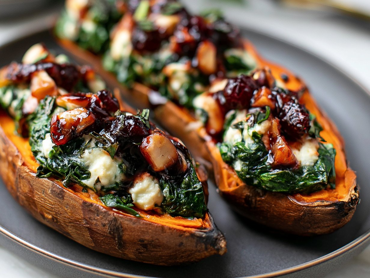 Creamy Ricotta & Spinach Stuffed Sweet Potatoes with Balsamic Cranberry Glaze