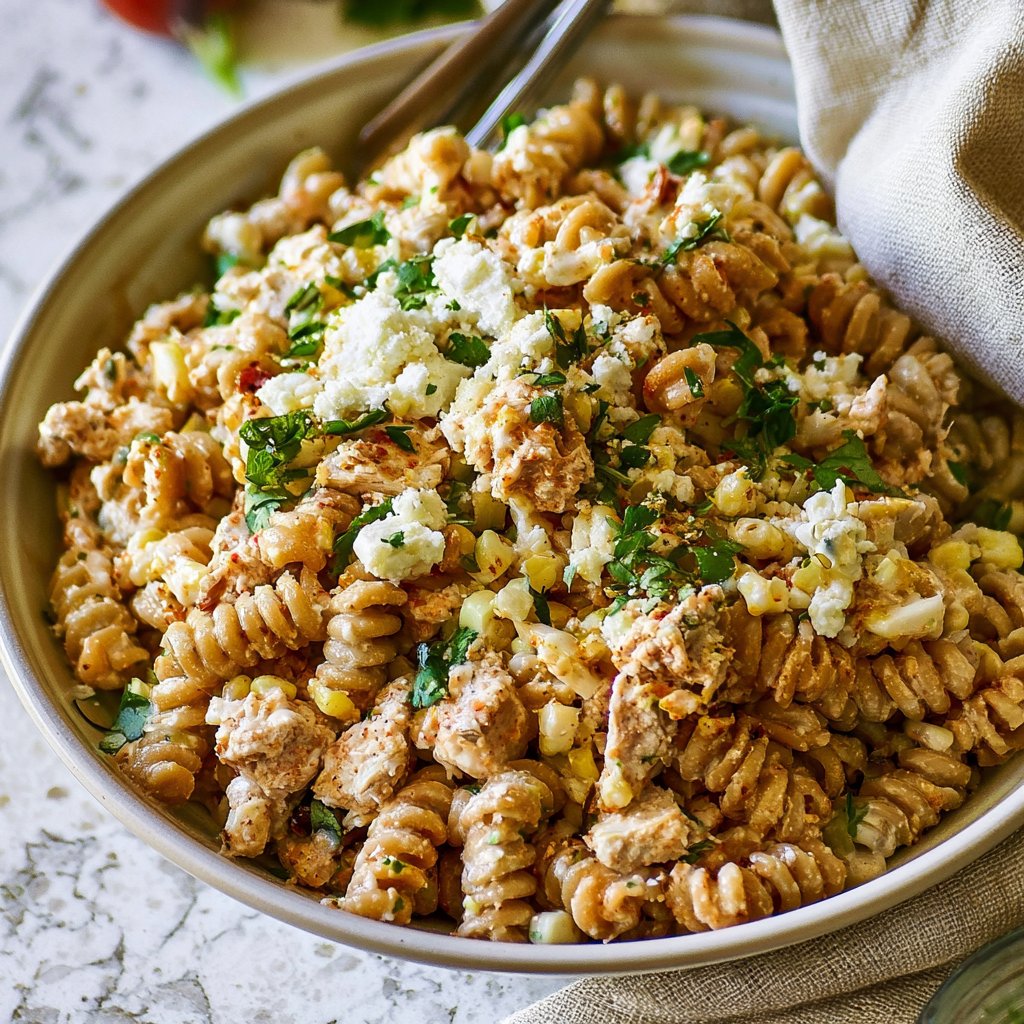 Quick Elote Inspired Pasta Salad with Chicken
