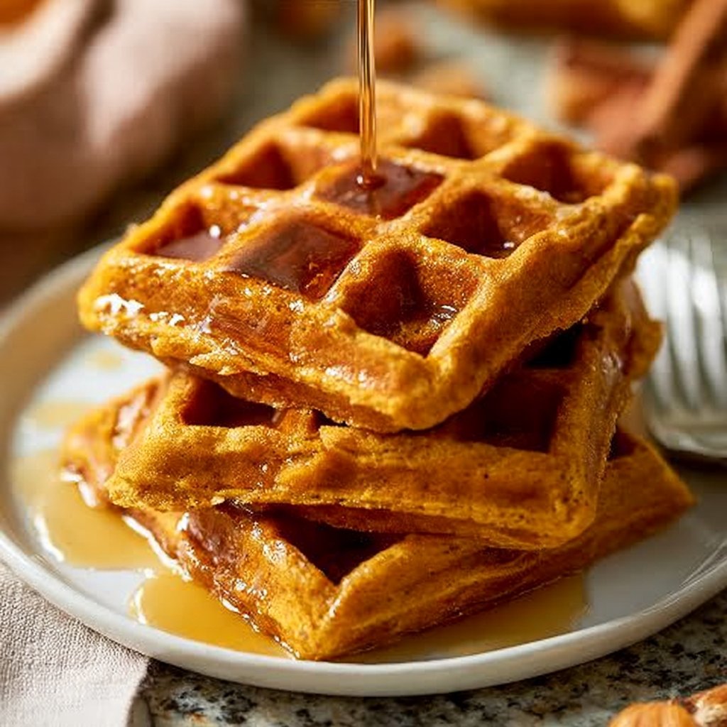 Fluffy Pumpkin Spice Belgian Waffles with Maple Drizzle