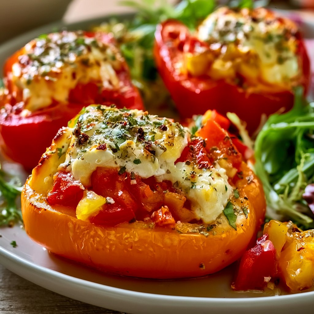 Gefüllte Feta-Paprika mit buntem Salat