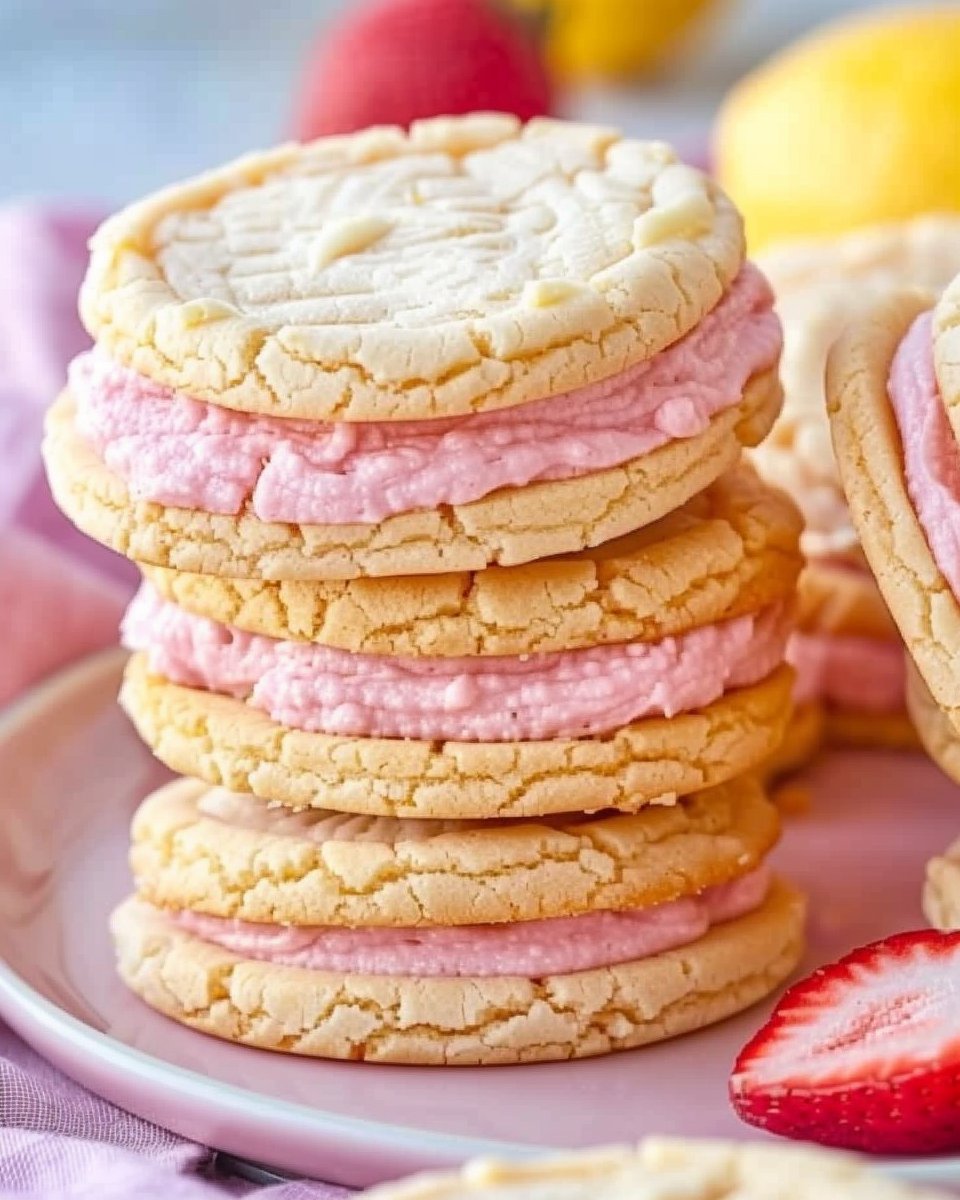 Lemon Sandwich Cookies with Strawberry Frosting
