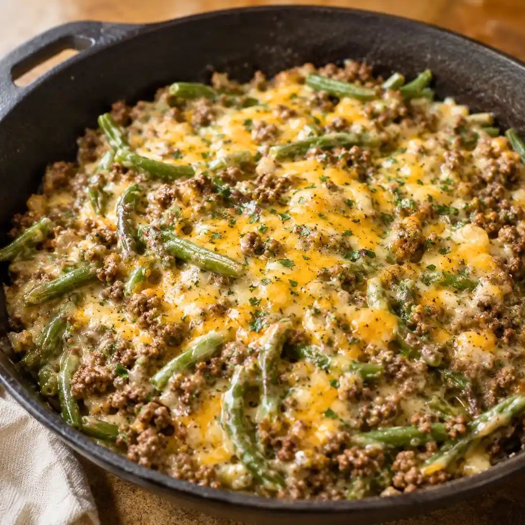 Hamburger Green Bean Casserole with Mushrooms
