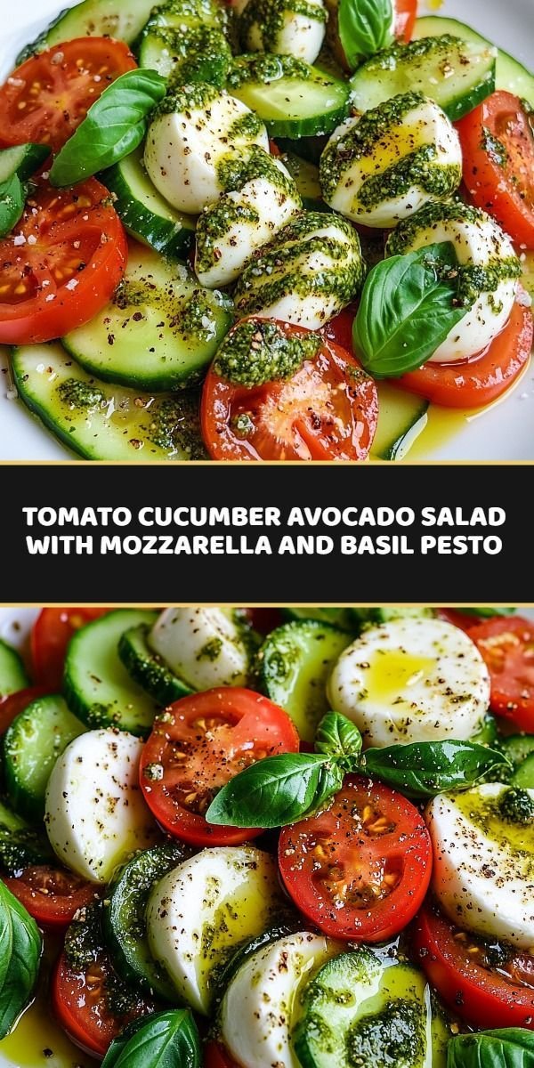 Tomato Cucumber Avocado Salad with Mozzarella and Basil Pesto
