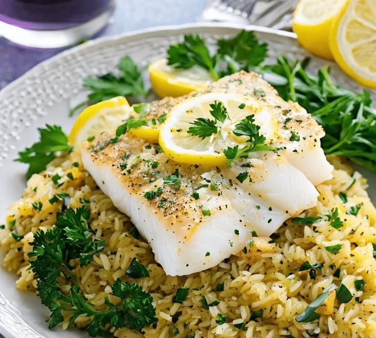 Baked Lemon Herb Cod with Rice Pilaf Recipe