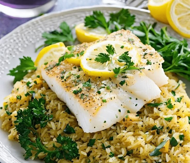 Baked Lemon Herb Cod with Rice Pilaf Recipe