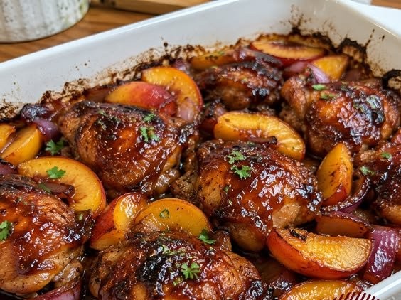 Roasted Peach BBQ Chicken Bake