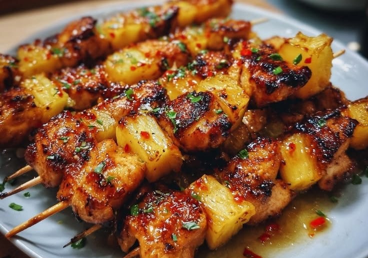 Gegrillte Hähnchen-Ananas-Spieße mit Honig-Chili-Glasur