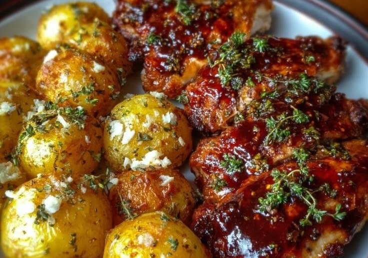 Honig-BBQ-Hähnchen mit Knoblauch-Parmesan-Kartoffeln