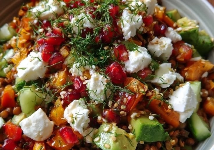 Orientalischer Linsensalat mit Feta, Avocado und Paprika