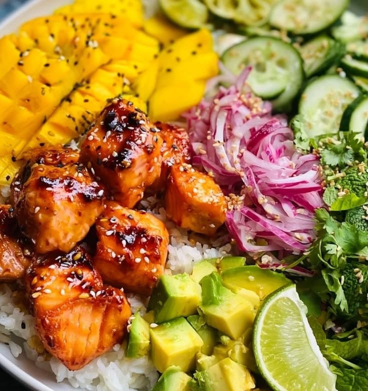 Hot Honey Salmon Bowls with Mango Salad