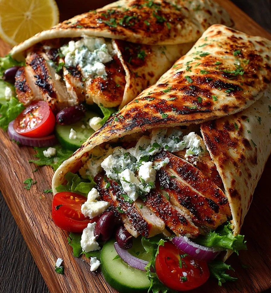 Rustic Greek Chicken Wraps with Roasted Garlic Feta Dip