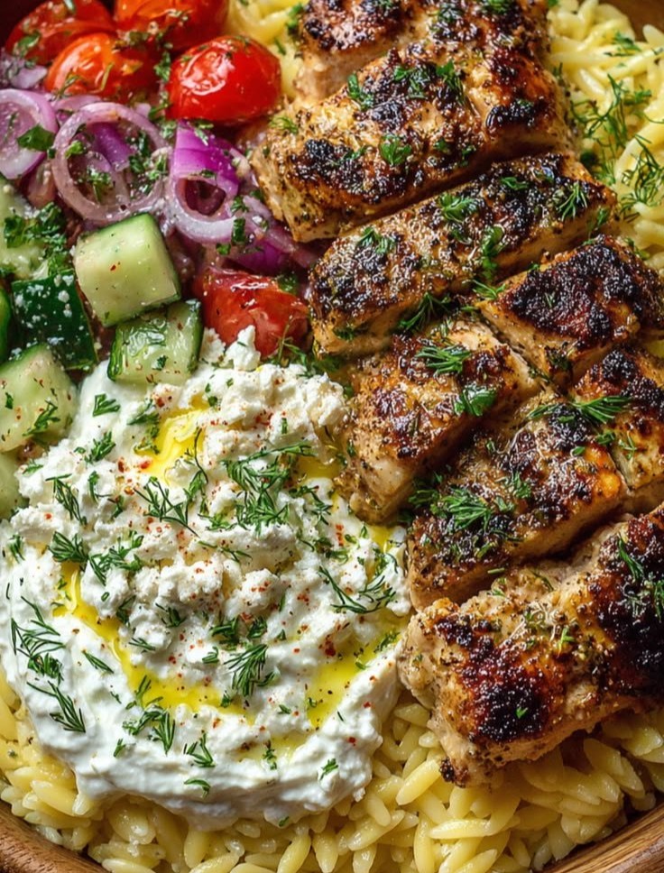 Lemon Dijon Chicken Orzo Bowl with Whipped Feta