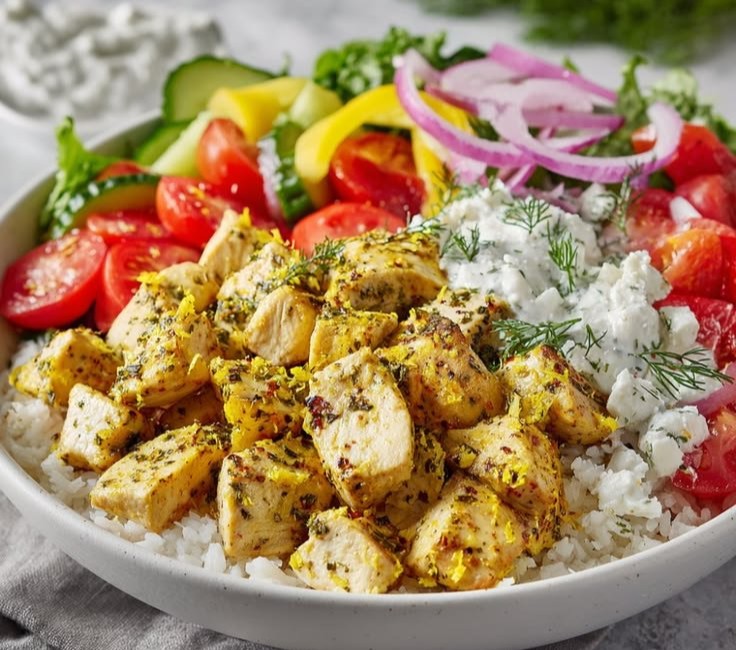 High Protein Mediterranean Lemon-Dill Chicken Bowls