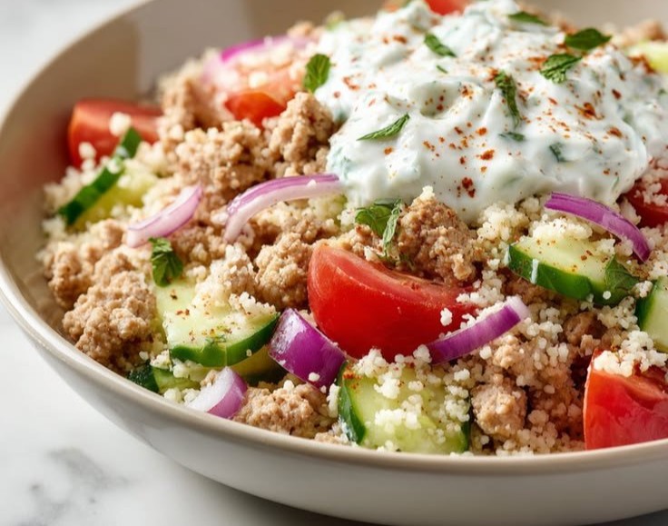 Ground Turkey and Couscous Bowl with Tzatziki