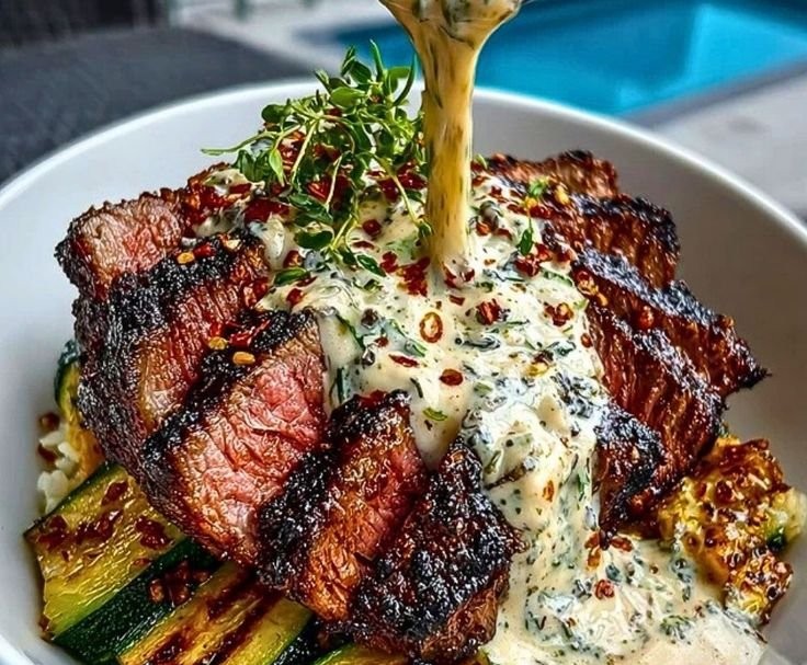 Grilled Steak Bowl with Sauce & Grilled Zucchini