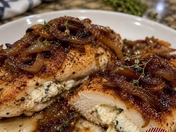 Goat Cheese Stuffed Chicken with Caramelized Onions