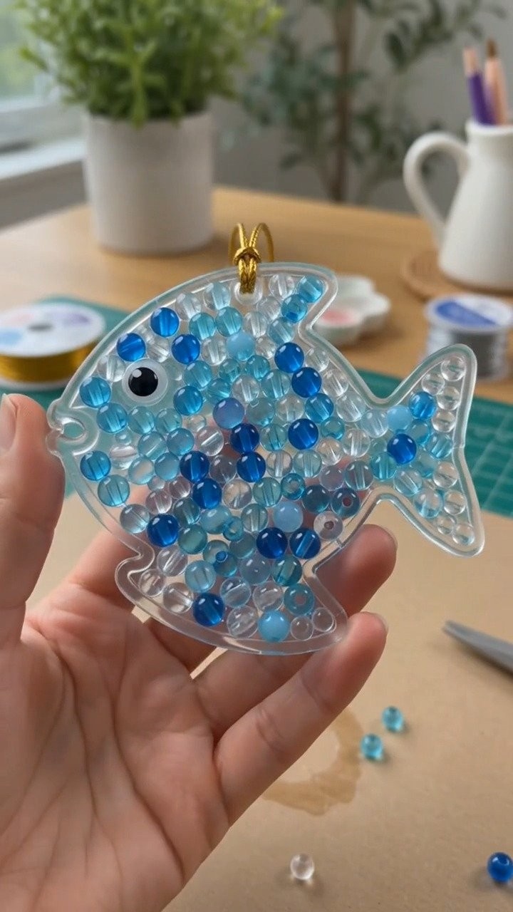 Blue beads come together to make ocean-inspired suncatchers that sparkle beautifully as sunlight passes through them. Save this idea for later.