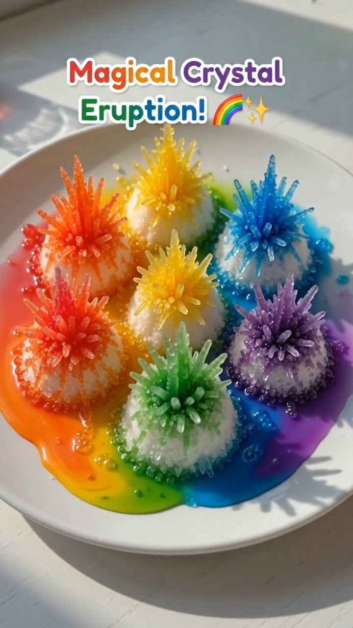 Watch colorful sugar crystals form around a volcano-inspired design for a creative project that blends art with simple science.