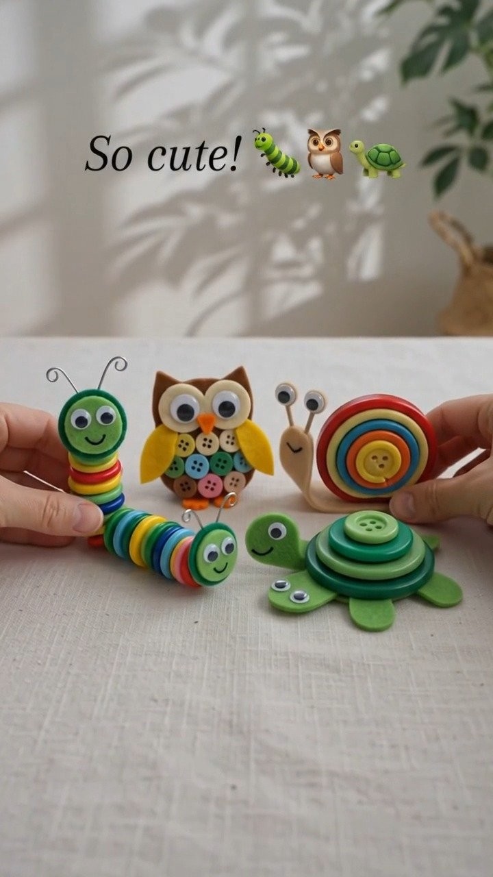 Colorful buttons become charming woodland animals that bring a playful handmade touch to cards, decorations, or gifts. Save this idea for later.