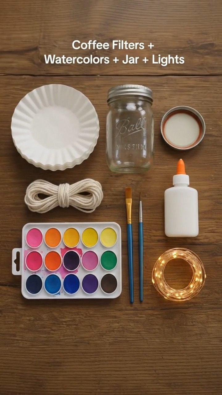 Painted coffee filters and fairy lights come together inside a glass jar to create a glowing jellyfish display with a soft underwater feel. Perfect for your next craft day.