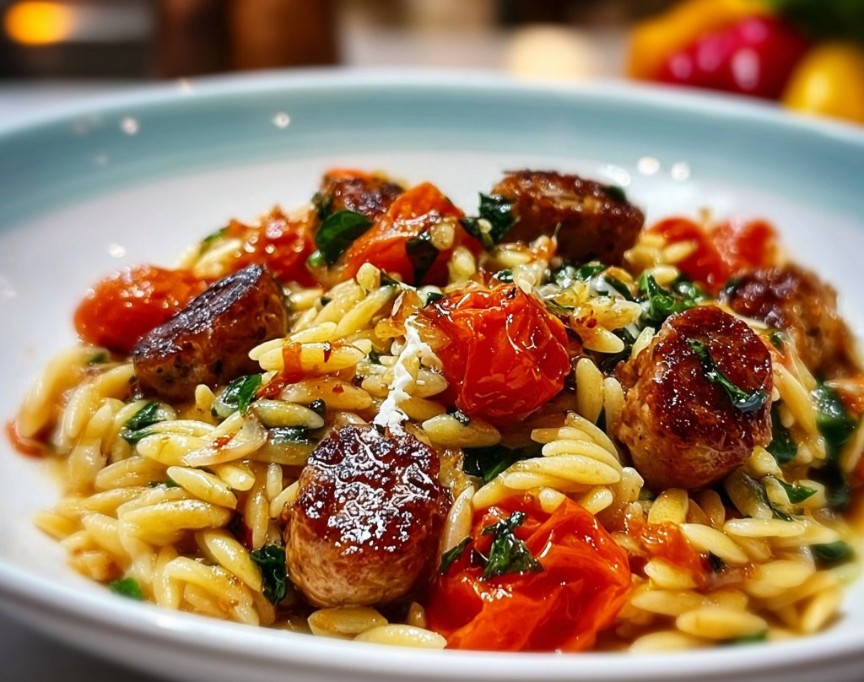 Chicken Sausage Orzo with Burst Tomatoes 2 Chicken Sausage Orzo with Burst Tomatoes