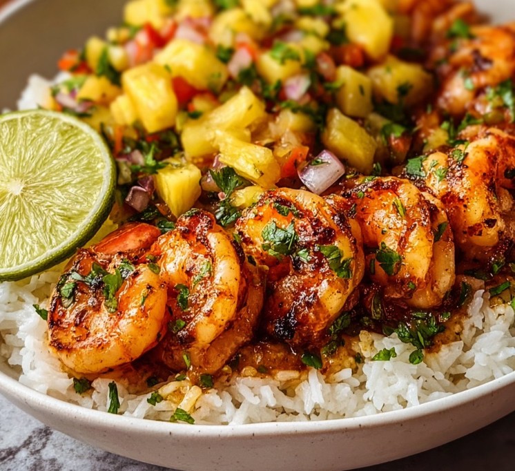Easy Shrimp Rice Bowl with Pineapple Salsa