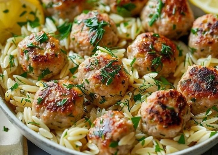 Greek Chicken Meatballs with Zesty Lemon Orzo