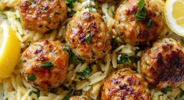 Greek Chicken Meatballs with Lemon Orzo