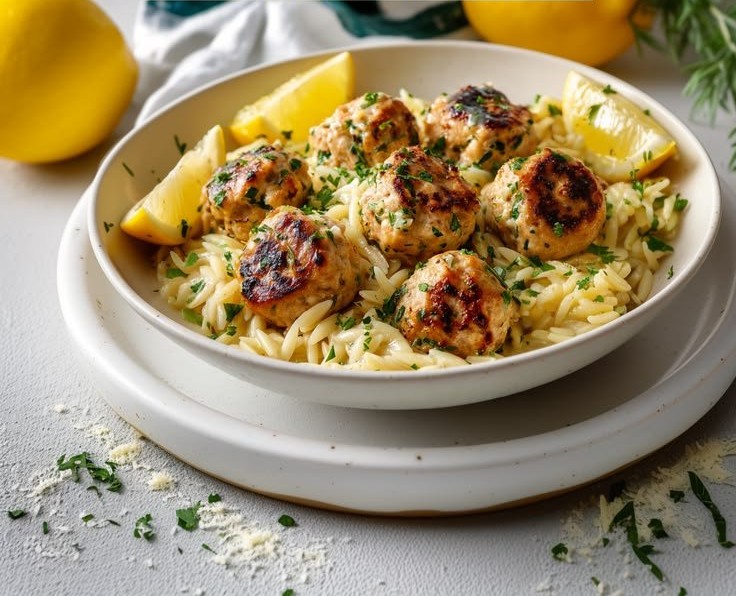 Greek Chicken Meatballs with Lemon Orzo