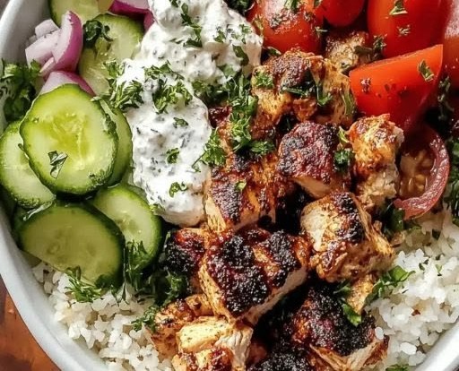 Unique Greek chicken and cauliflower salad with cucumbers, tomatoes, onions, red onion, feta cheese | Healthy bowl ideas for lunch, Healthy clean eating Greek chicken bowl recipes, Summer chicken recipes.
