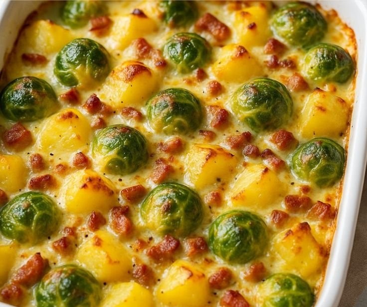 Rosenkohlauflauf mit Kartoffeln und Speck – perfekt für den Feierabend